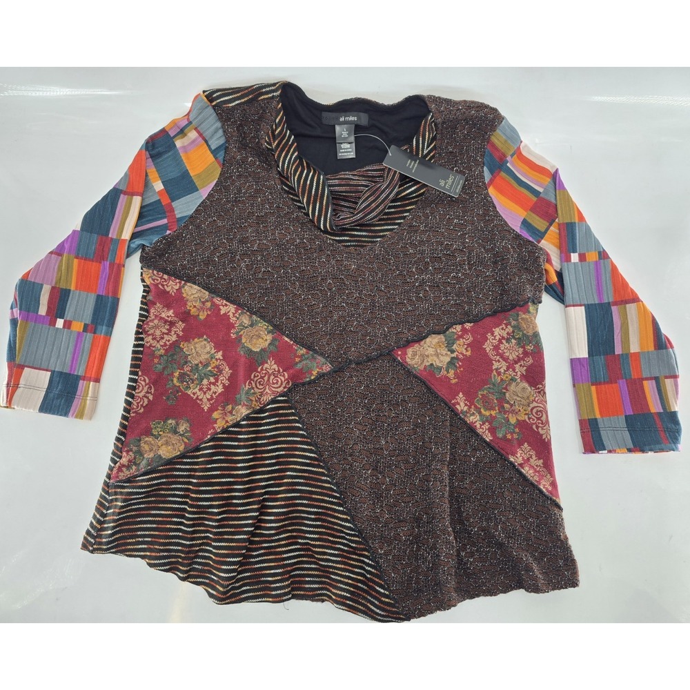 NWT Ali Miles Multicolored Mixed Media Patch Knit Cowl Neck Tunic - Size L